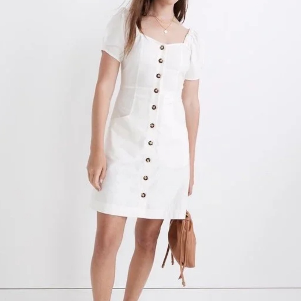 NWOT Madewell Dress Sz 2 Linen Cotton Puff Sleeve Mini Button Down Dress White